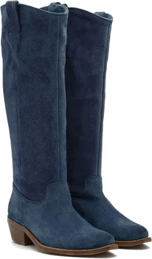 LEHOOR Women's Stacked Heel Navy Blue Slouchy Knee High Western Boots Wide Calf Pointed Toe Velvet Suede Leather Navy Cowboy Boots Low Heel Pull On Combat Boots Dress Vintage Winter Navy Size 10 M US