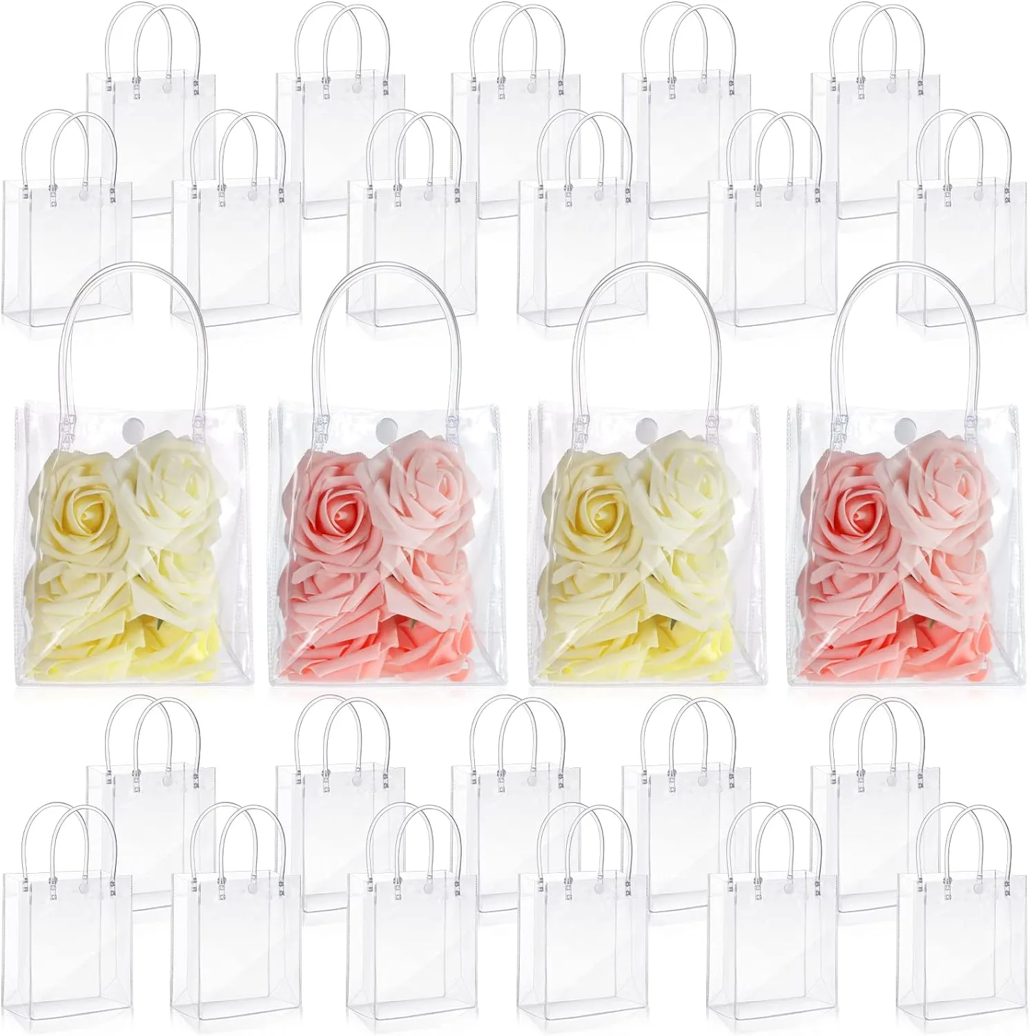 LEIFIDE 40 Pieces Clear Gift Bags with Handles, 5.9 x 5.1 x 2.76 Inch PVC Plastic Reusable Goodie Candy Treats Totes Bags Bulk for Shopping Wedding School Birthday Party Favor