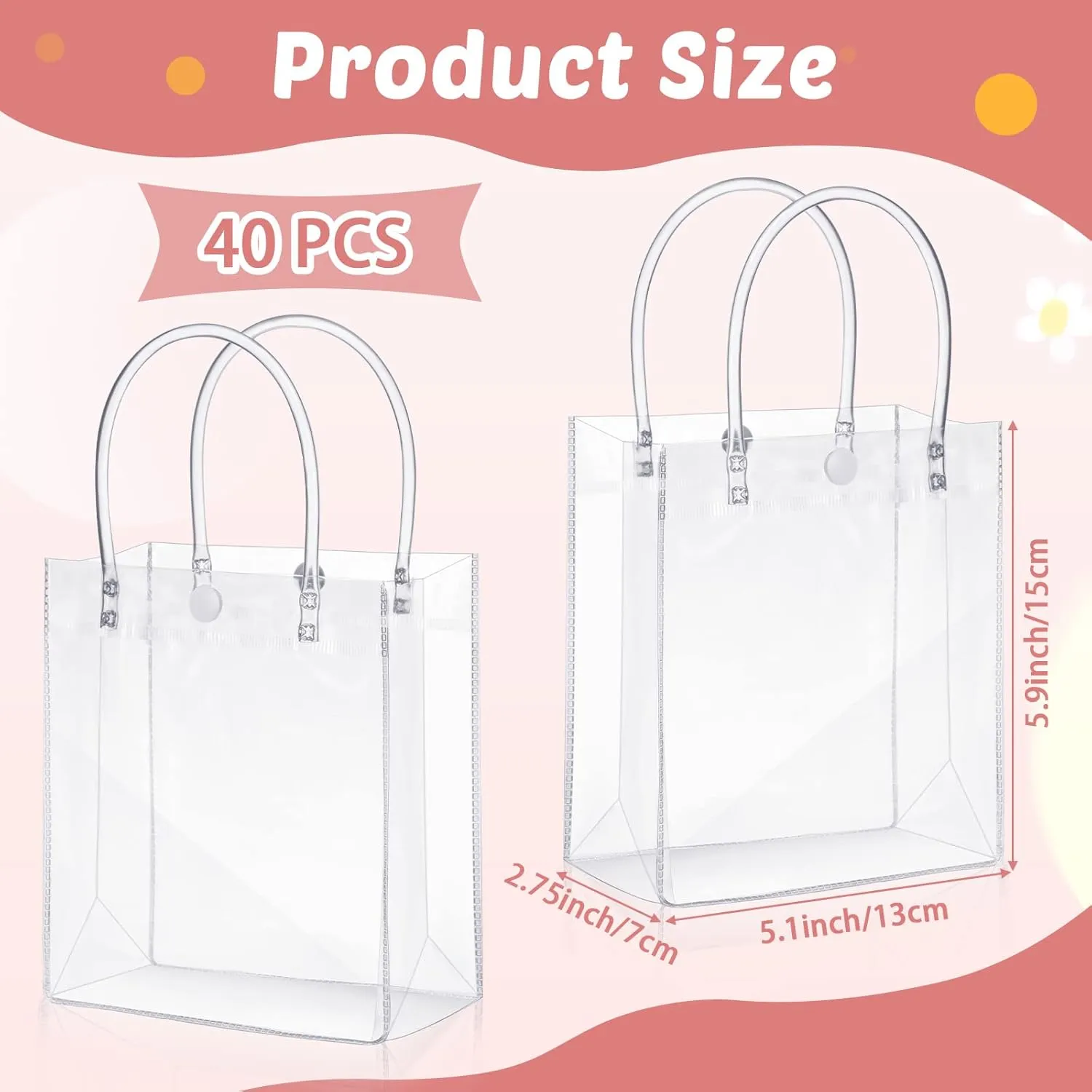 LEIFIDE 40 Pieces Clear Gift Bags with Handles, 5.9 x 5.1 x 2.76 Inch PVC Plastic Reusable Goodie Candy Treats Totes Bags Bulk for Shopping Wedding School Birthday Party Favor