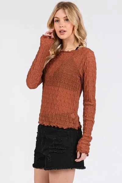 Lettuce Hem Boat Neck Long Sleeve Blouse