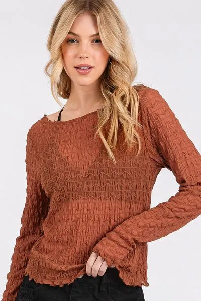 Lettuce Hem Boat Neck Long Sleeve Blouse