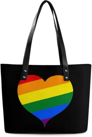 LGBT Proud Rainbow Heart Women's Tote Shoulder Bag Handbag Top Handle Leather 29 * 34 * 14cm
