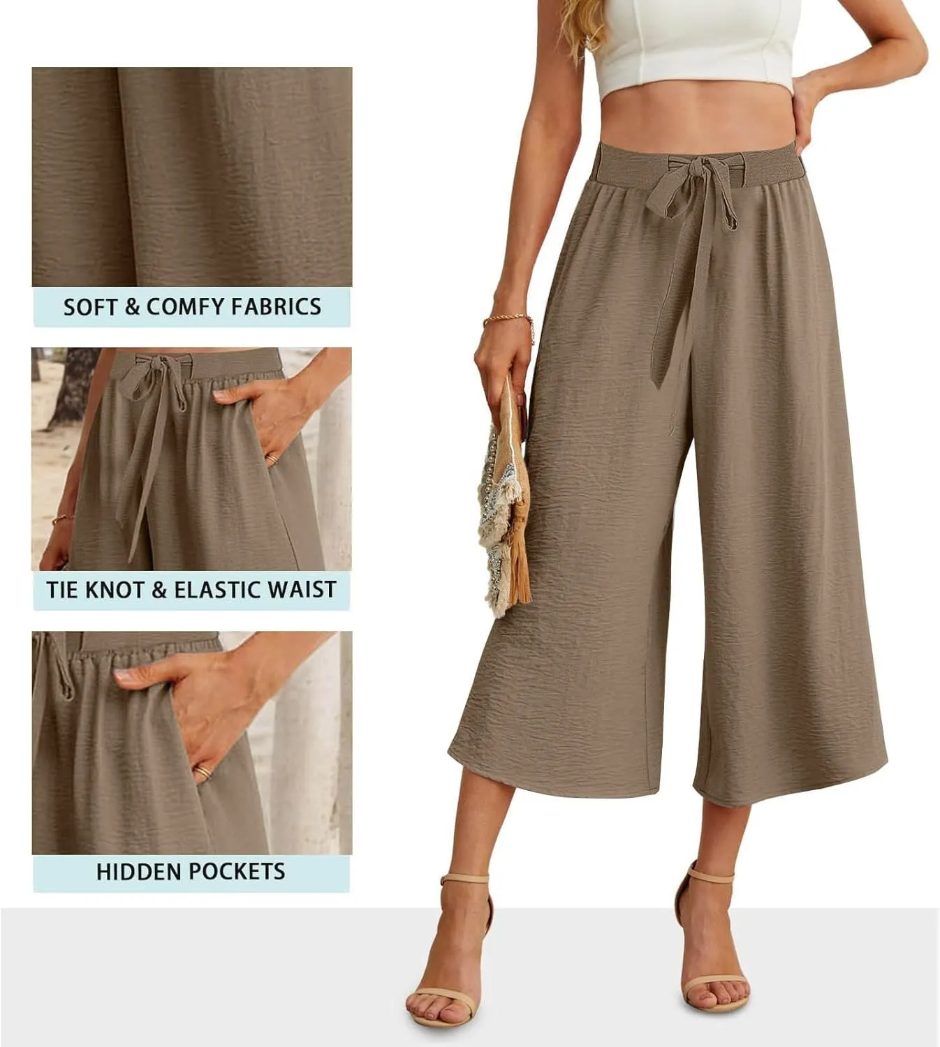 Lightweight Wide Leg Cropped Pants Linen Cropped Wide Leg Elastic Waist Casual Palazzo Trousers with Pockets