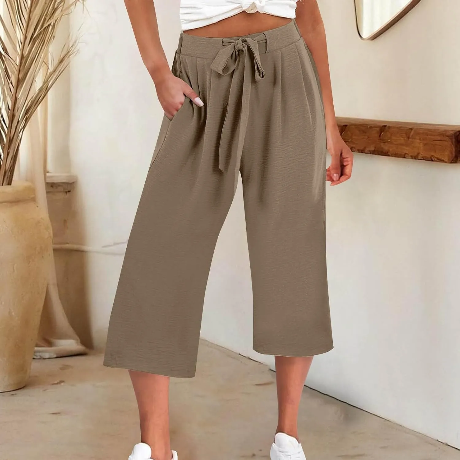 Lightweight Wide Leg Cropped Pants Linen Cropped Wide Leg Elastic Waist Casual Palazzo Trousers with Pockets