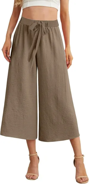 Lightweight Wide Leg Cropped Pants Linen Cropped Wide Leg Elastic Waist Casual Palazzo Trousers with Pockets