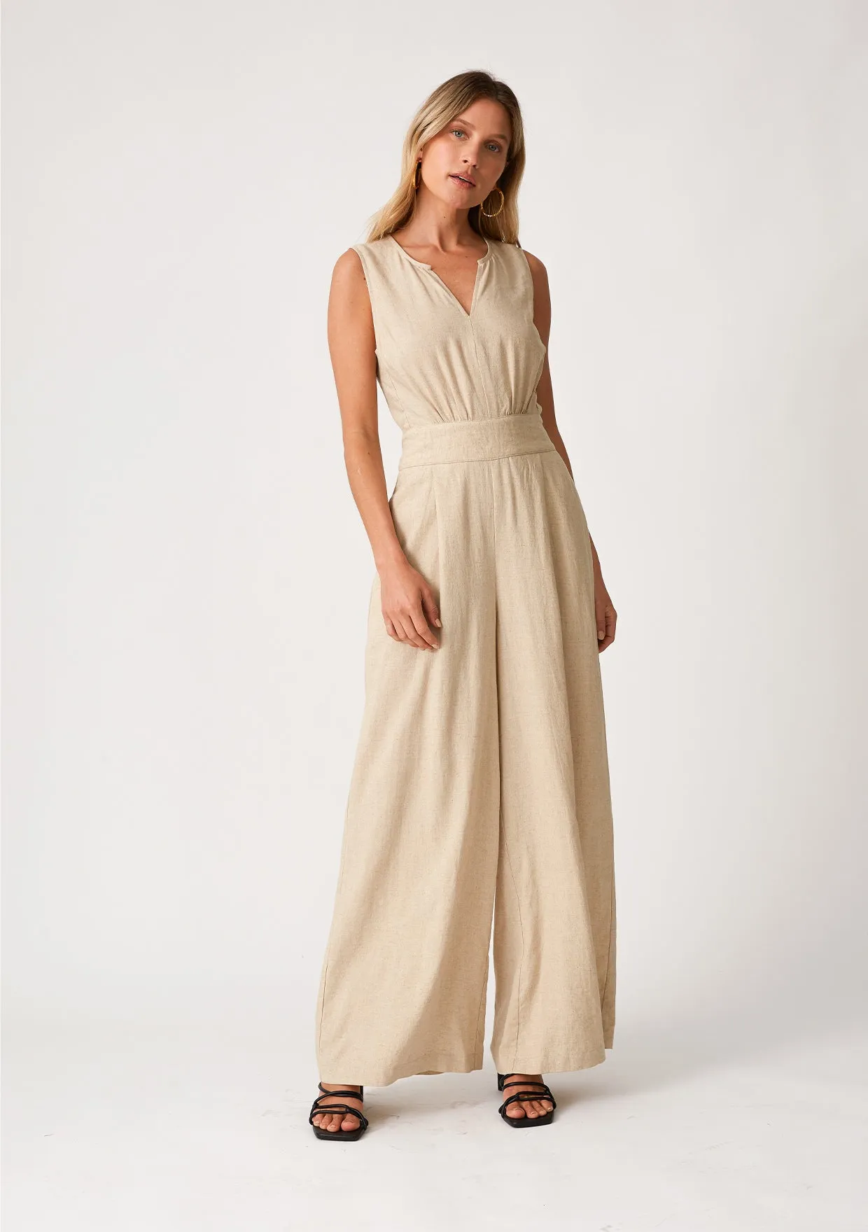 Linen Blend V Neck Tank Jumpsuit