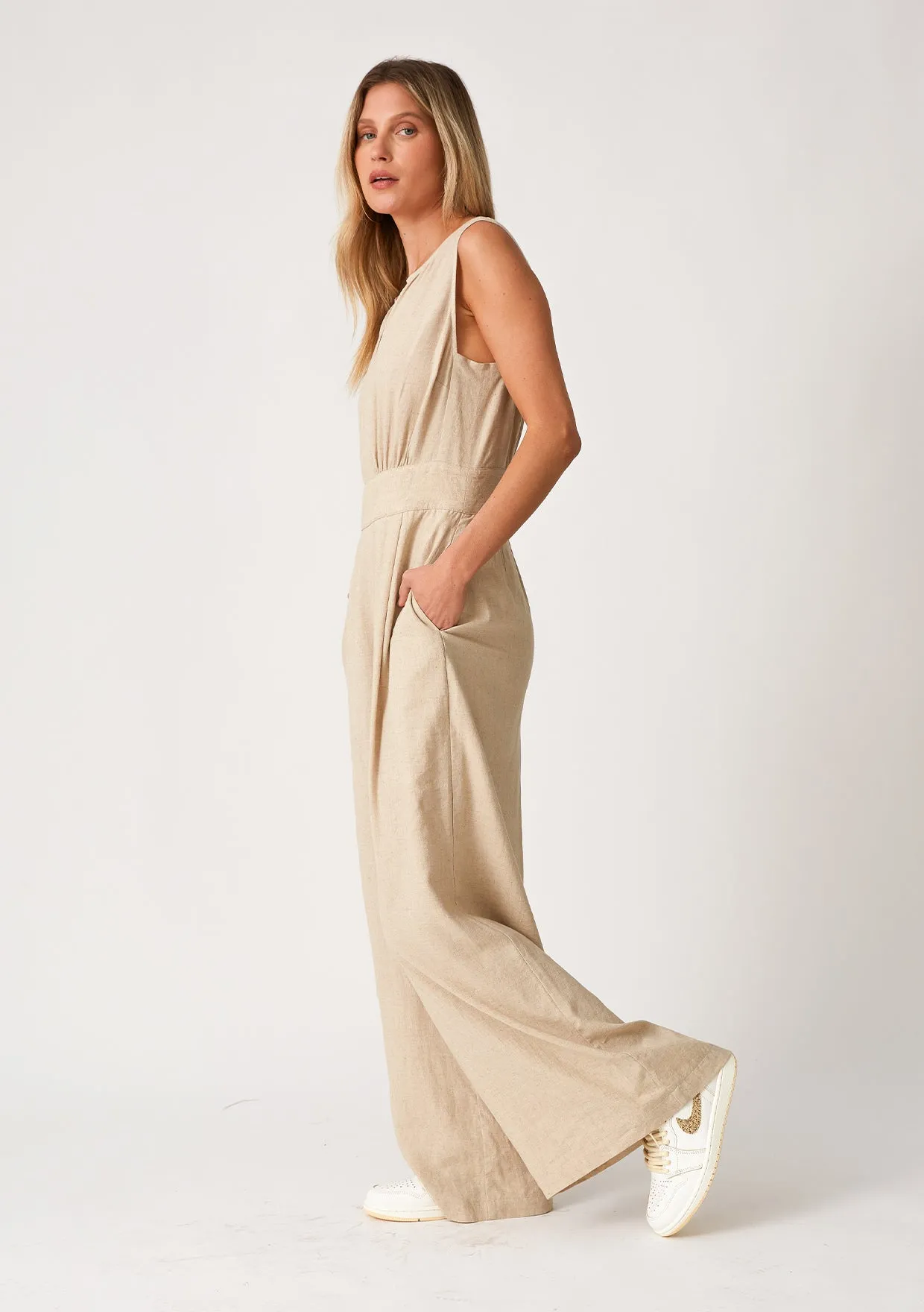 Linen Blend V Neck Tank Jumpsuit
