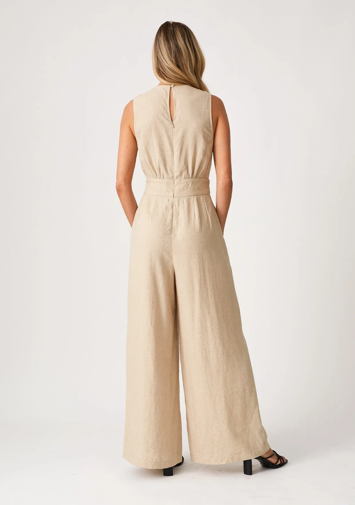Linen Blend V Neck Tank Jumpsuit