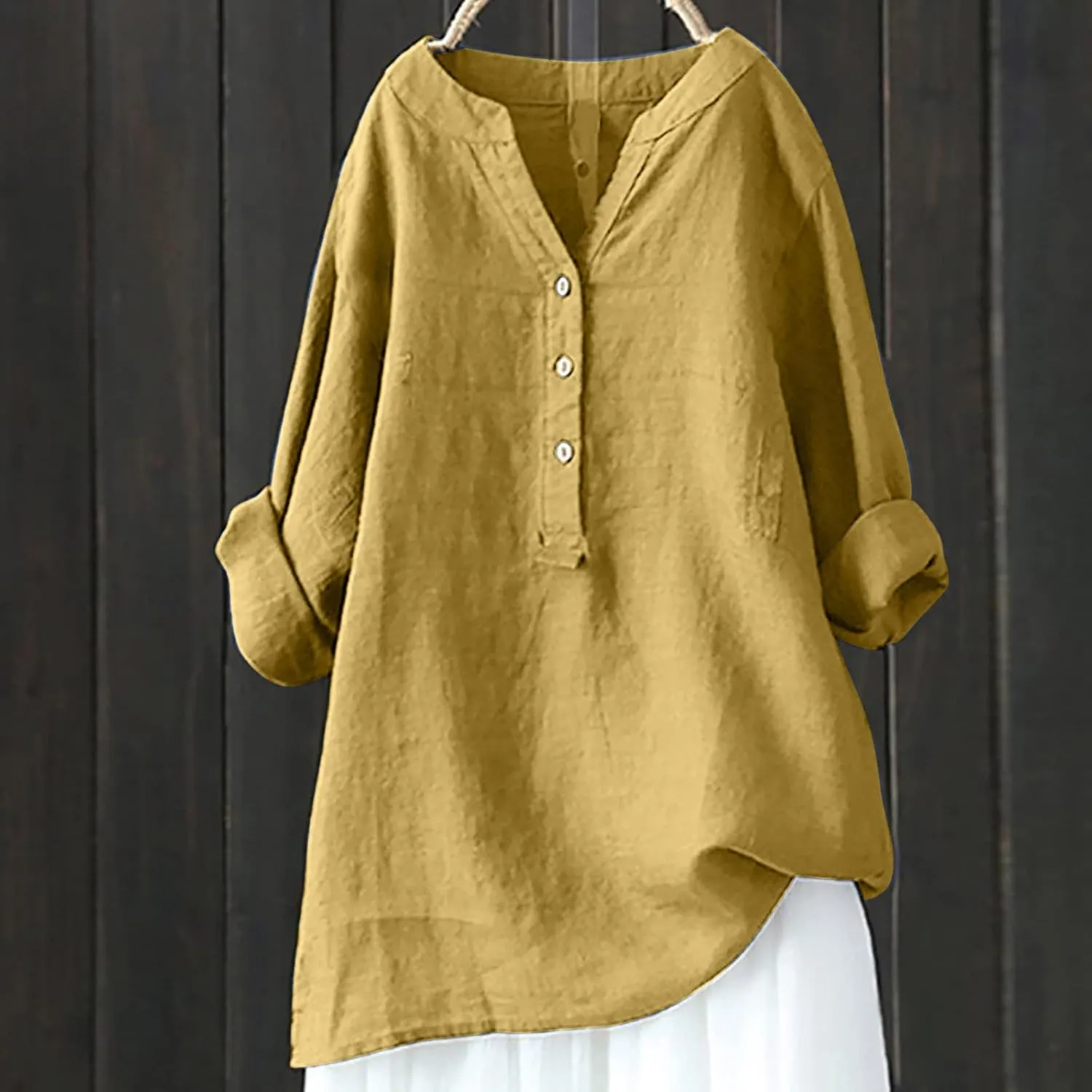 Linen Button Up Shirts for Women Plus Size Long Sleeve v Neck Summer Tops Loose Fit Dressy Casual Solid Blouses