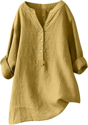Linen Button Up Shirts for Women Plus Size Long Sleeve v Neck Summer Tops Loose Fit Dressy Casual Solid Blouses