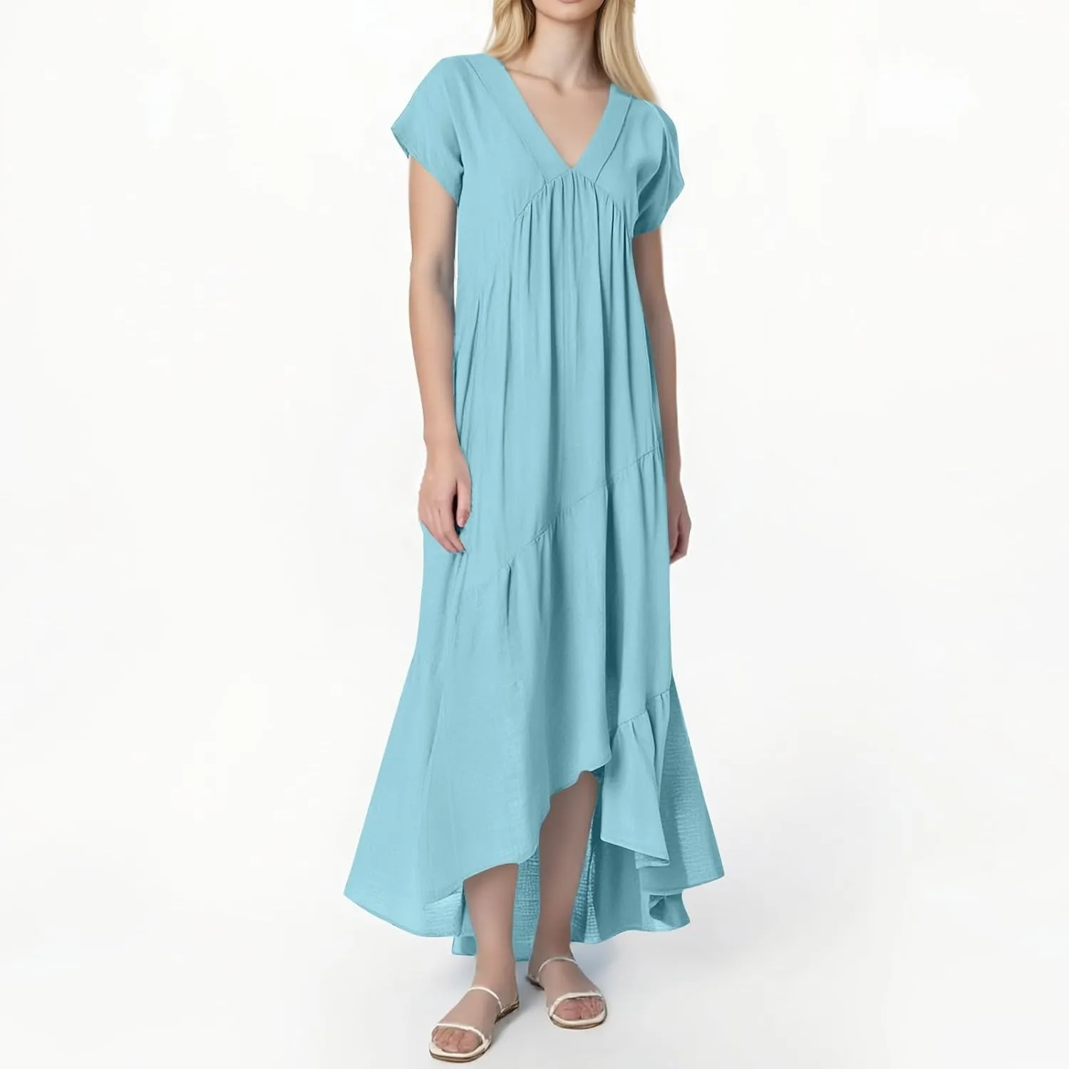 Linen Dress Women Short Sleeve V Neck High Low Midi Dresses Ruffle Casual Boho Beach Vacation Swing Flowy Summer Dress