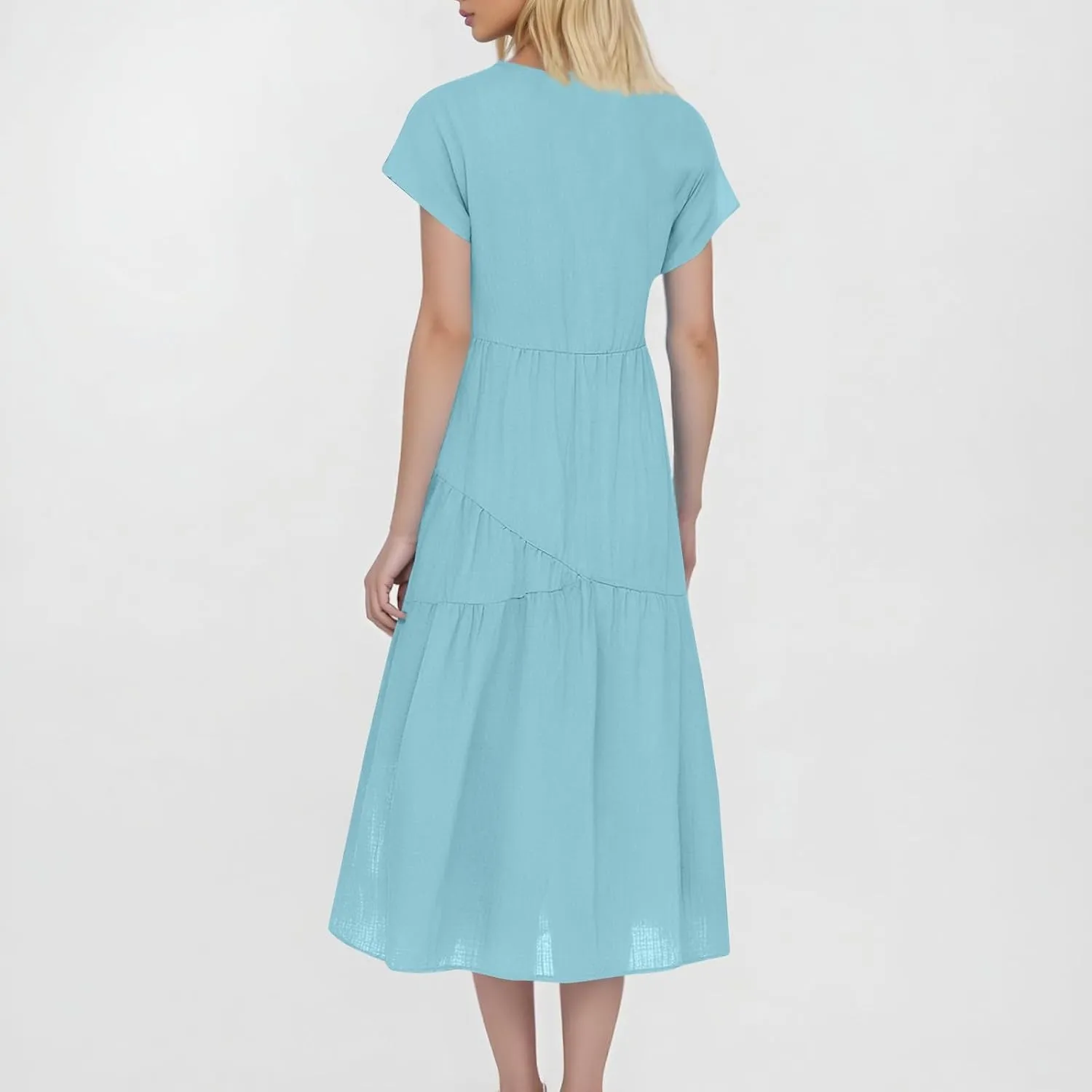Linen Dress Women Short Sleeve V Neck High Low Midi Dresses Ruffle Casual Boho Beach Vacation Swing Flowy Summer Dress