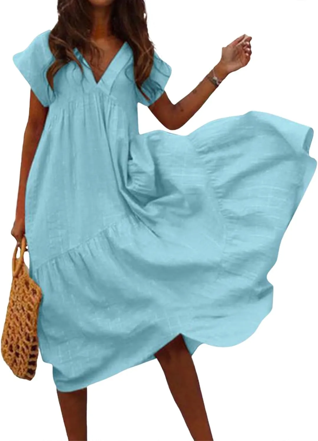 Linen Dress Women Short Sleeve V Neck High Low Midi Dresses Ruffle Casual Boho Beach Vacation Swing Flowy Summer Dress