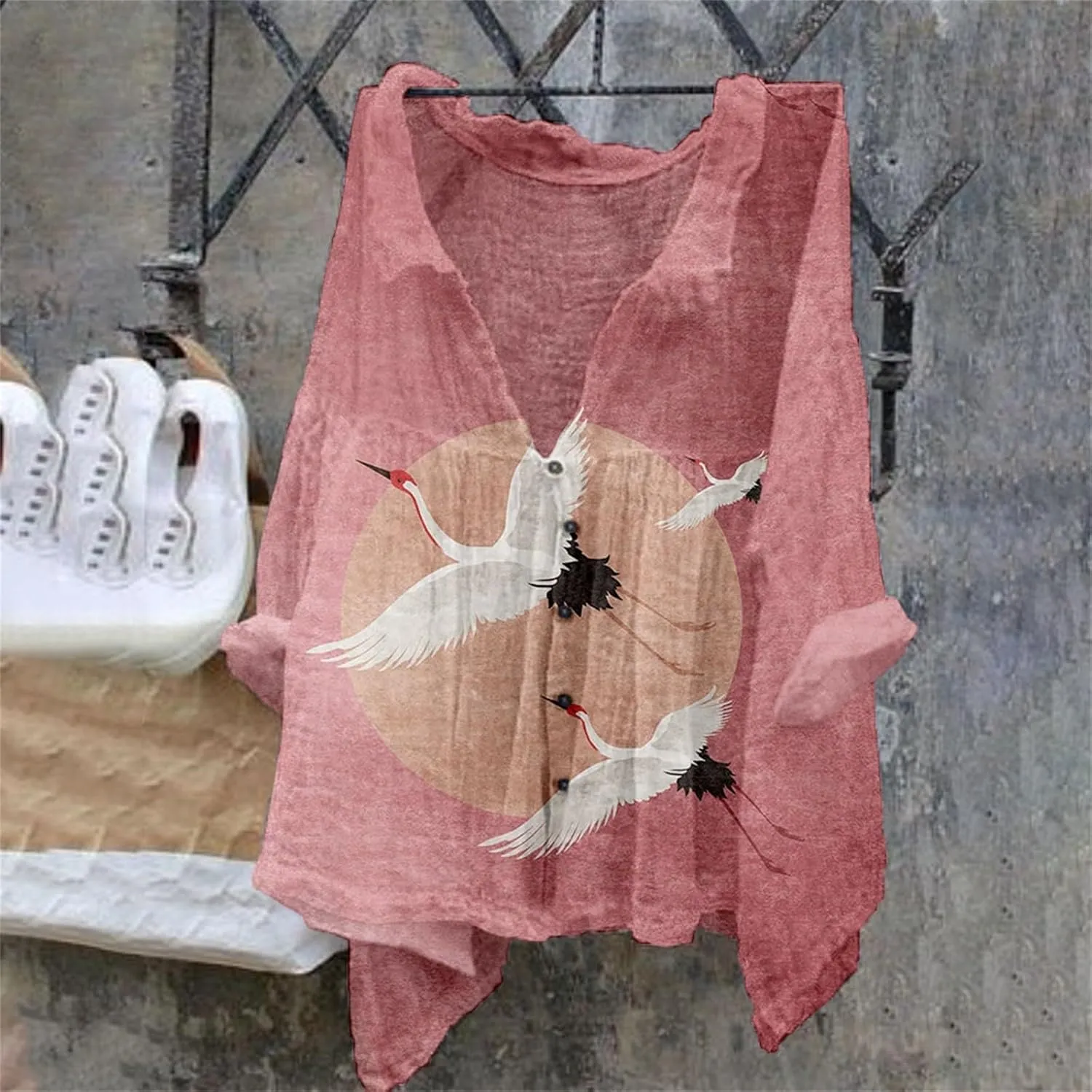 Linen Shirt for Women Breathable Tops Autumn Fragrant Fabric Shirt Solid Color Basic 3/4 Sleeve Tops