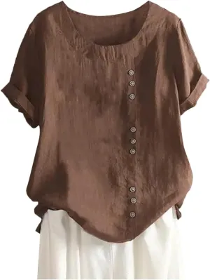 Linen Shirts for Women 2025 Summer Cotton Linen Tops Loose Fit Casual Roll Up Short Sleeve T-Shirt Trendy Blouse