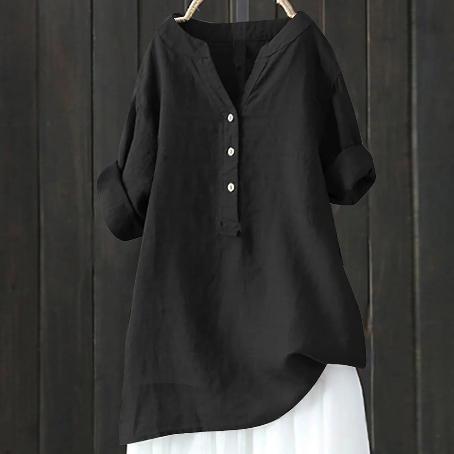 Linen Shirts for Women 2025 Summer Trendy 3/4 Sleeve V Neck Bohemian Peasant Blouses Casual Loose Fit Tunic Tops