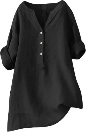 Linen Shirts for Women 2025 Summer Trendy 3/4 Sleeve V Neck Bohemian Peasant Blouses Casual Loose Fit Tunic Tops