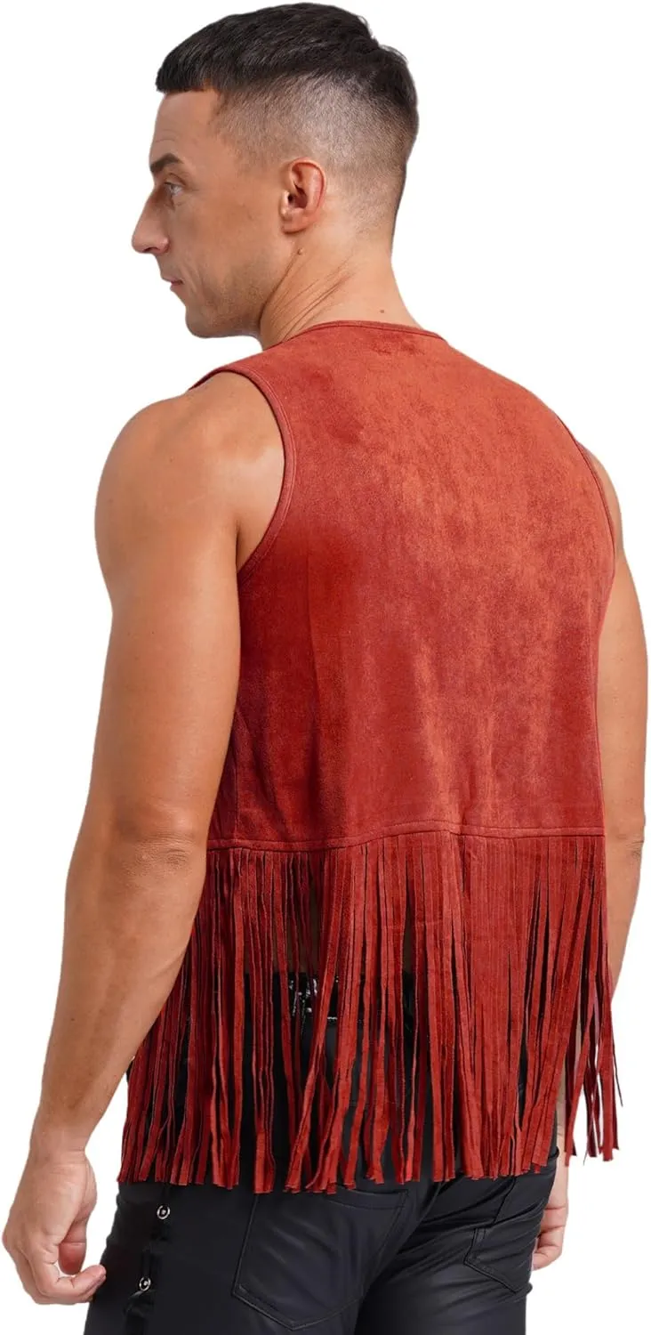 Linjinx Men's Cowboy Costume Fringe Waistcoat Faux Suede Sleeveless Vest Halloween Cosplay Outfits