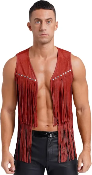 Linjinx Men's Cowboy Costume Fringe Waistcoat Faux Suede Sleeveless Vest Halloween Cosplay Outfits