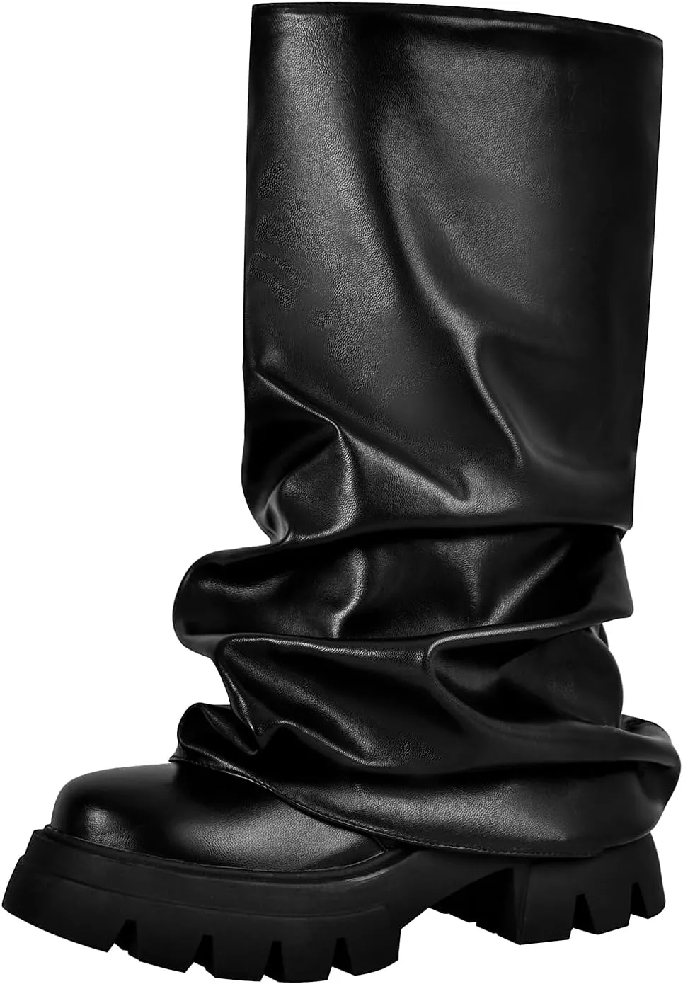 LISHAN Women's Platform Block Heels Mid Calf Slouchy Fold Down Boots