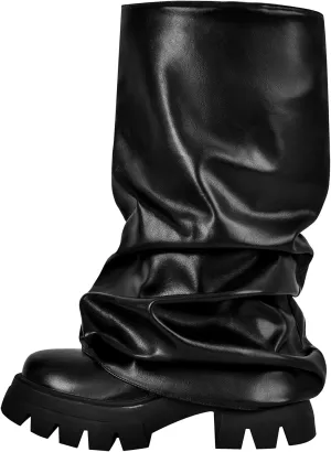 LISHAN Women's Platform Block Heels Mid Calf Slouchy Fold Down Boots