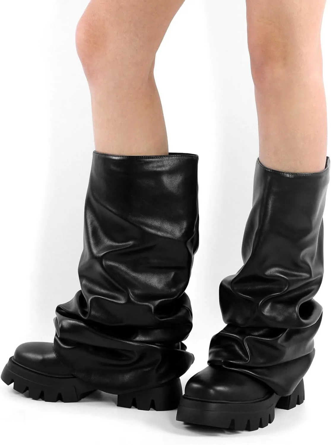 LISHAN Women's Platform Block Heels Mid Calf Slouchy Fold Down Boots