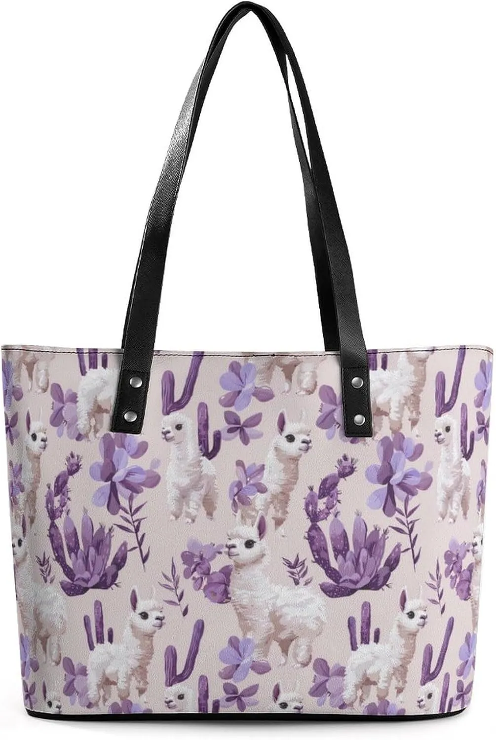 Llama Alpaca Purple Cactus Women's Tote Shoulder Bag Handbag Top Handle Leather 29 * 34 * 14cm