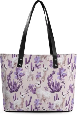 Llama Alpaca Purple Cactus Women's Tote Shoulder Bag Handbag Top Handle Leather 29 * 34 * 14cm
