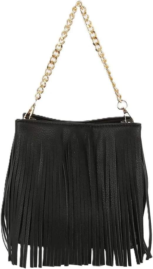 LM Women Fringed Tassel Shoulder Leisure Bag(CH018-BK)