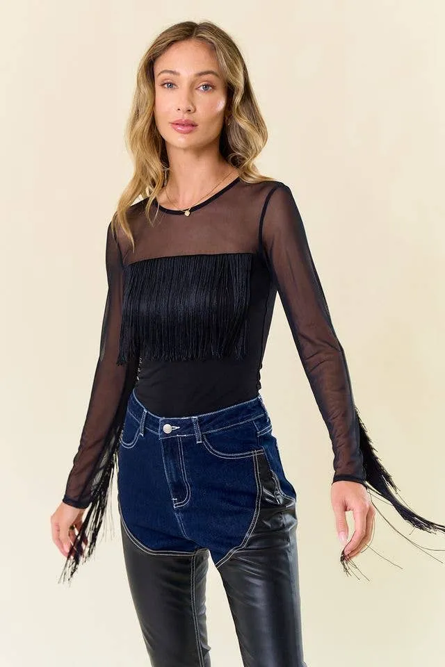 LONG SLEEVE FRINGED MESH TOP