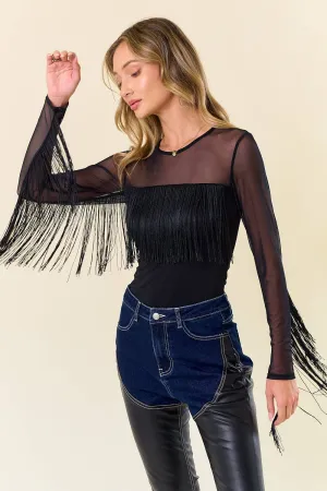 LONG SLEEVE FRINGED MESH TOP