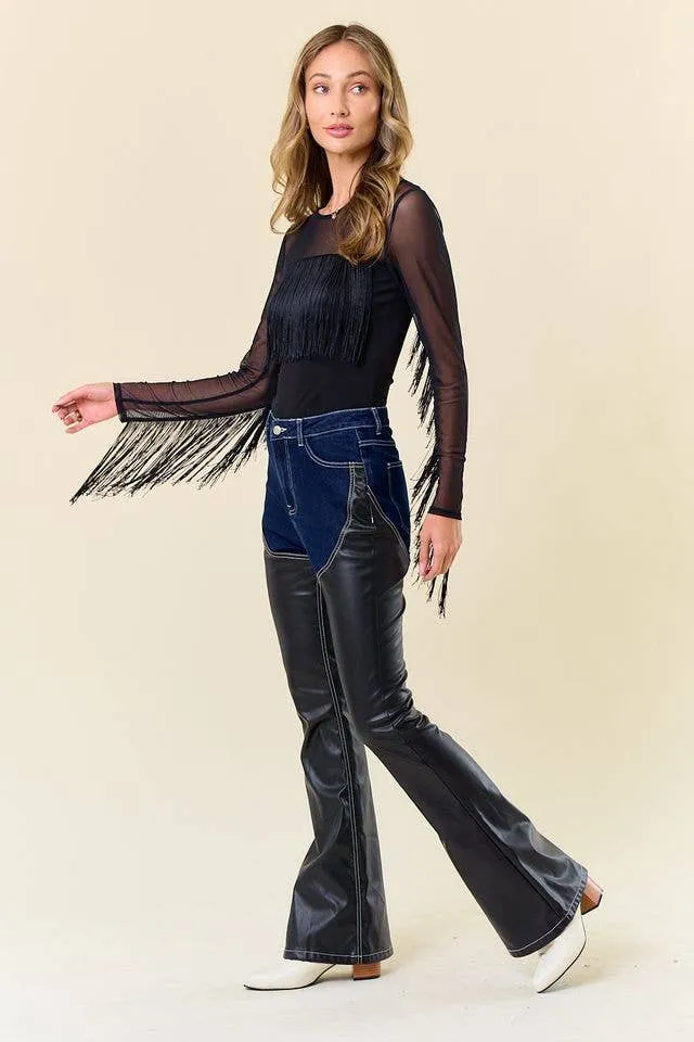 LONG SLEEVE FRINGED MESH TOP