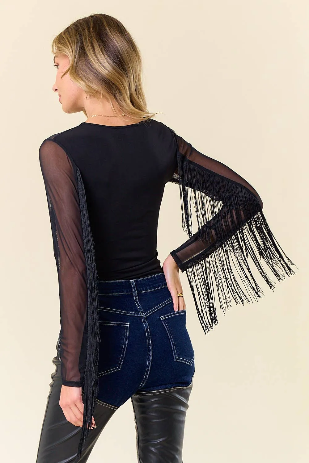 LONG SLEEVE FRINGED MESH TOP