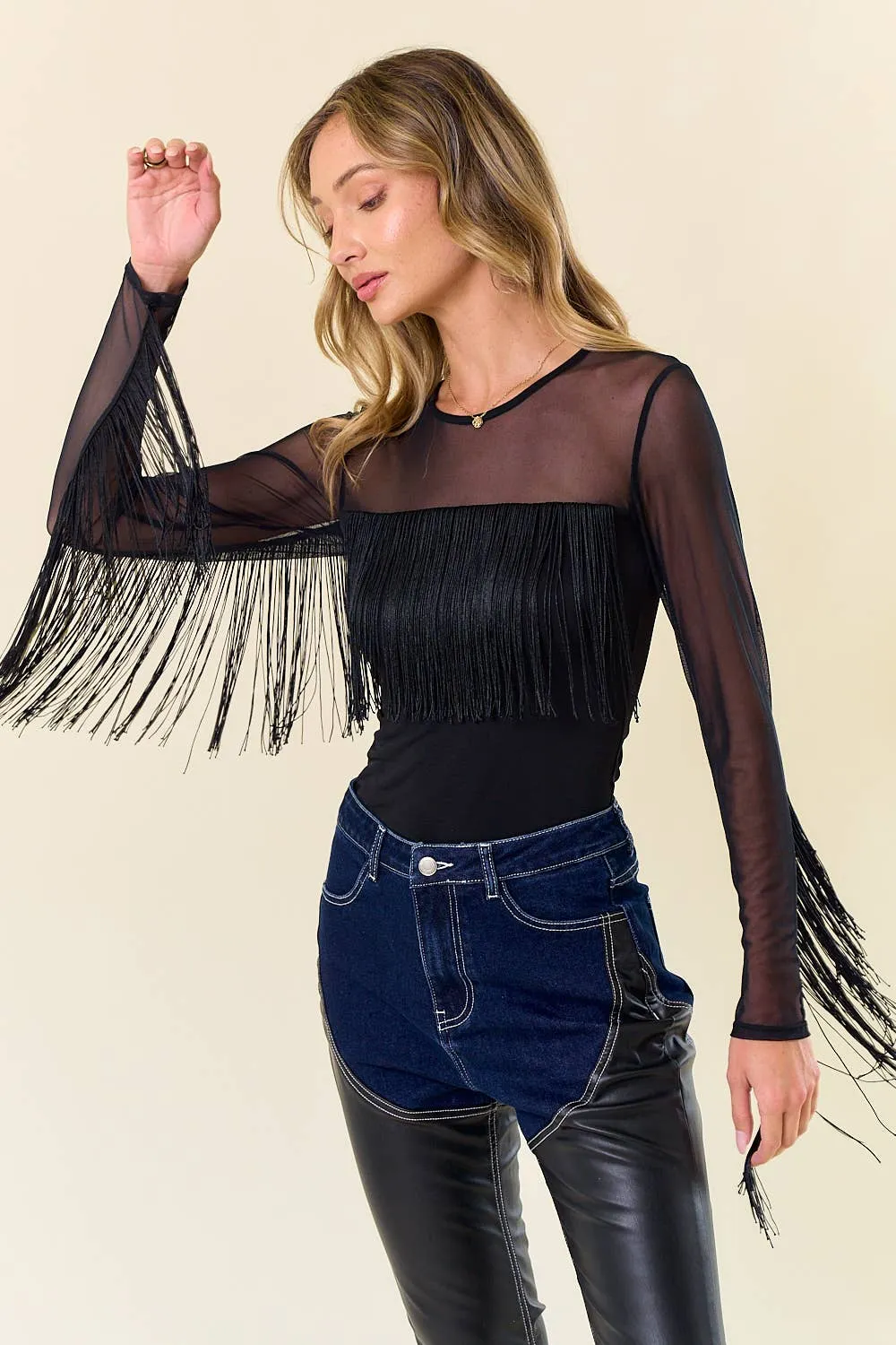 LONG SLEEVE FRINGED MESH TOP
