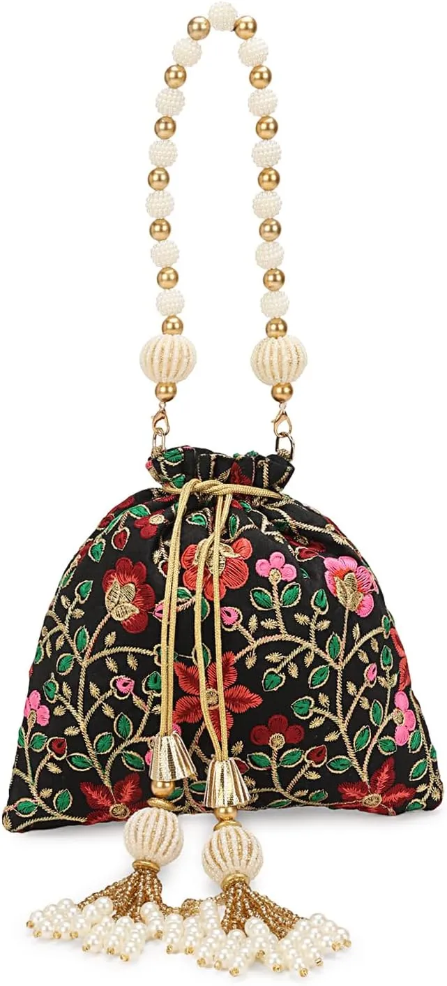 LONGING TO BUY Indian Embroidered Pearl Potli Bag For Women, Sequence Design with Tassel, Wedding Potli Bags