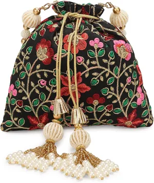 LONGING TO BUY Indian Embroidered Pearl Potli Bag For Women, Sequence Design with Tassel, Wedding Potli Bags