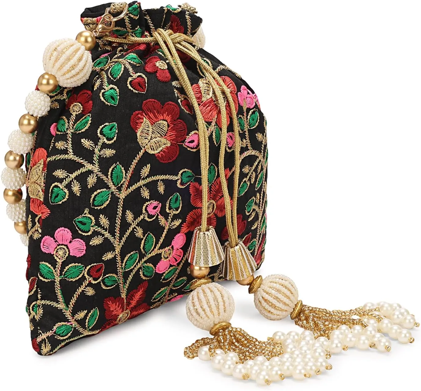 LONGING TO BUY Indian Embroidered Pearl Potli Bag For Women, Sequence Design with Tassel, Wedding Potli Bags