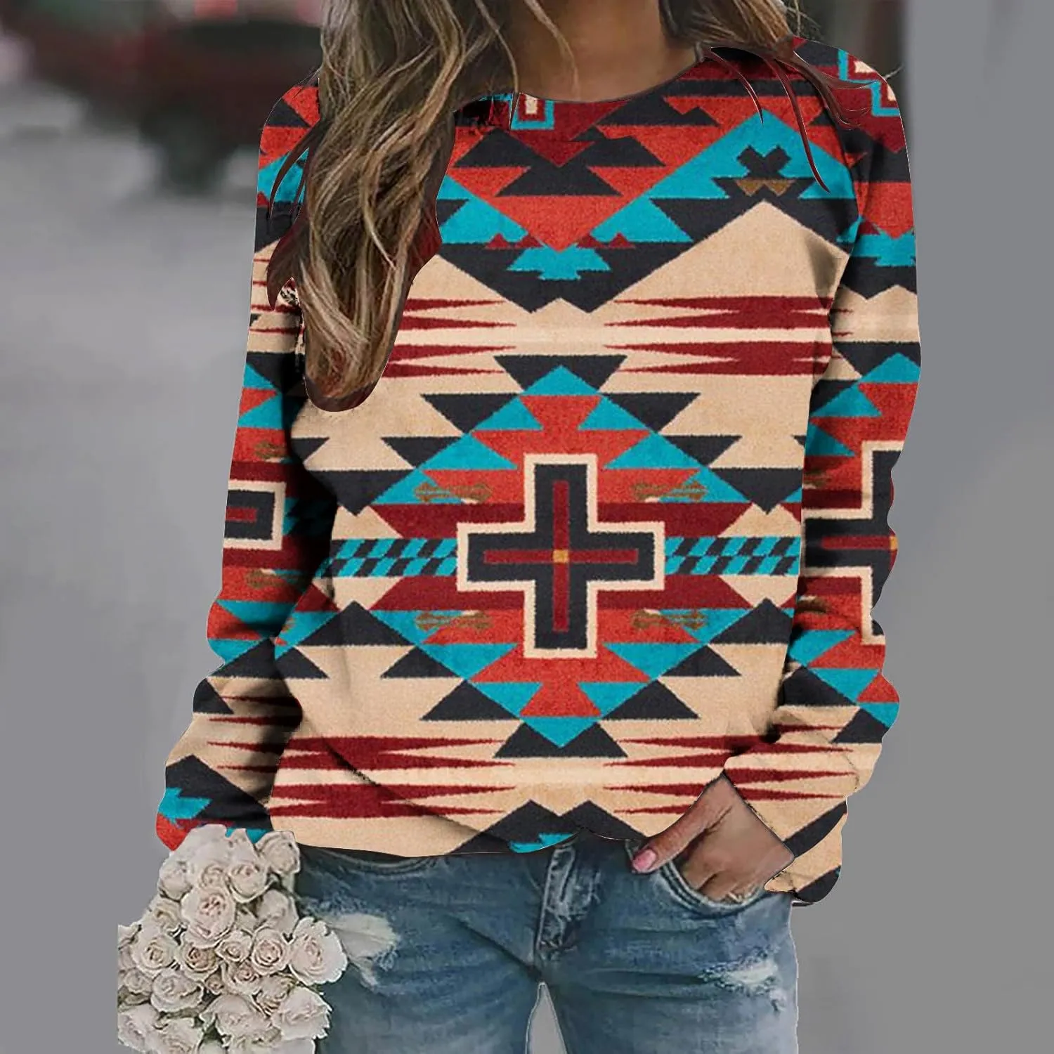 Loose Fitting Long Sleeve Tops for Women Aztec Ethnic Print Graphic Tee Shirts Casual Dressy Crewneck Sweatshirts