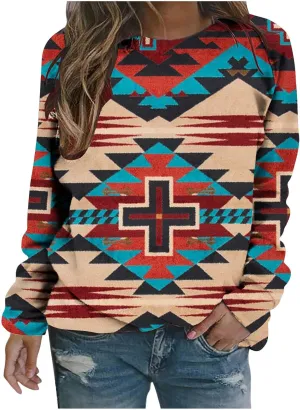 Loose Fitting Long Sleeve Tops for Women Aztec Ethnic Print Graphic Tee Shirts Casual Dressy Crewneck Sweatshirts