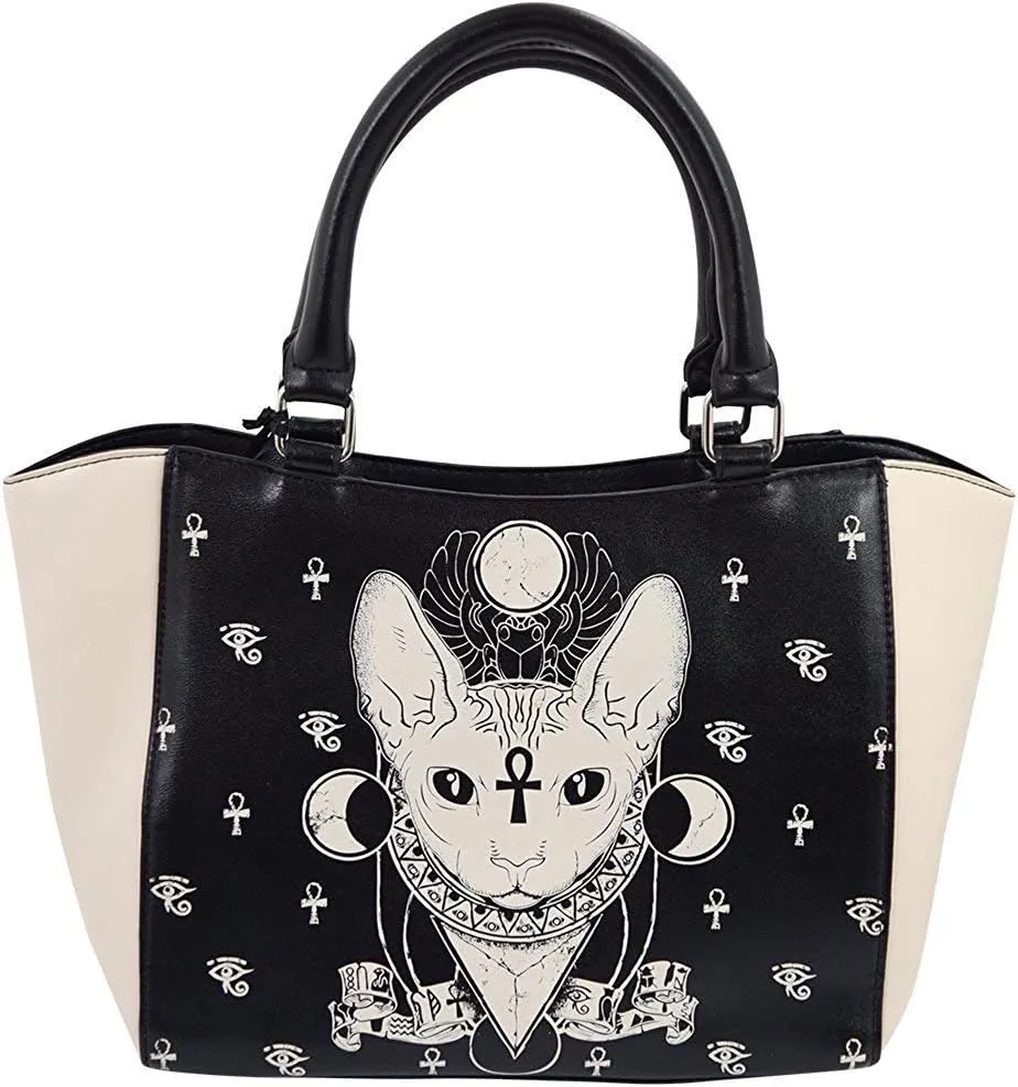 Lost Queen Gothic Bastet Sphynx Cat Occult Goth Satchel Handbag, Black, Cream, Small