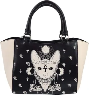Lost Queen Gothic Bastet Sphynx Cat Occult Goth Satchel Handbag, Black, Cream, Small