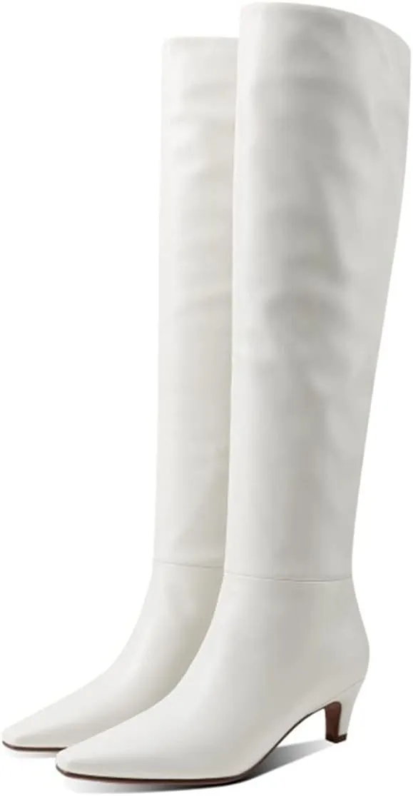 Lutalica W Women's Stylish Square Toe Slip On Autumn Winter Wide Calf Comfort Slouch Low Kitten Heel Dress Over The Knee High Boots