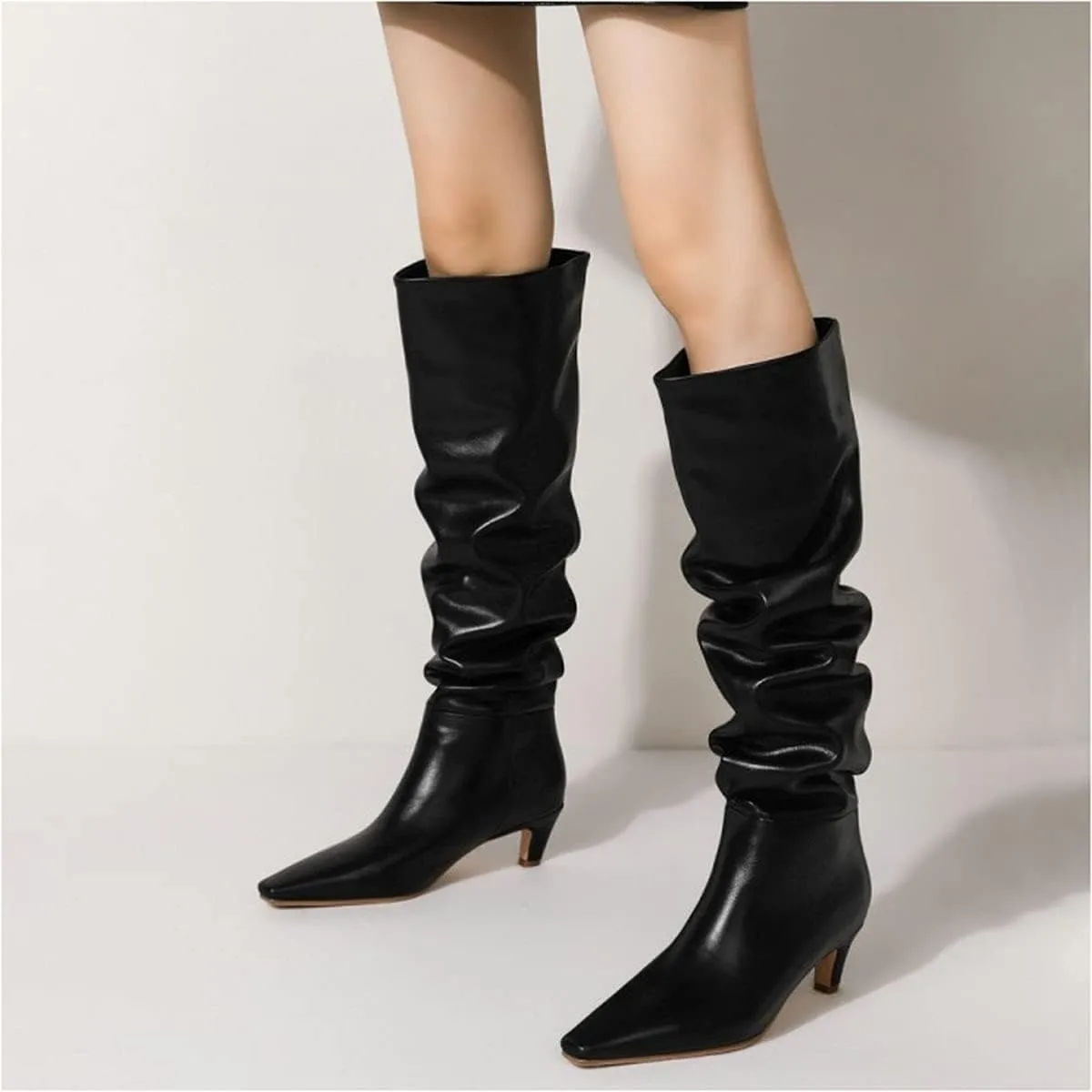 Lutalica W Women's Stylish Square Toe Slip On Autumn Winter Wide Calf Comfort Slouch Low Kitten Heel Dress Over The Knee High Boots