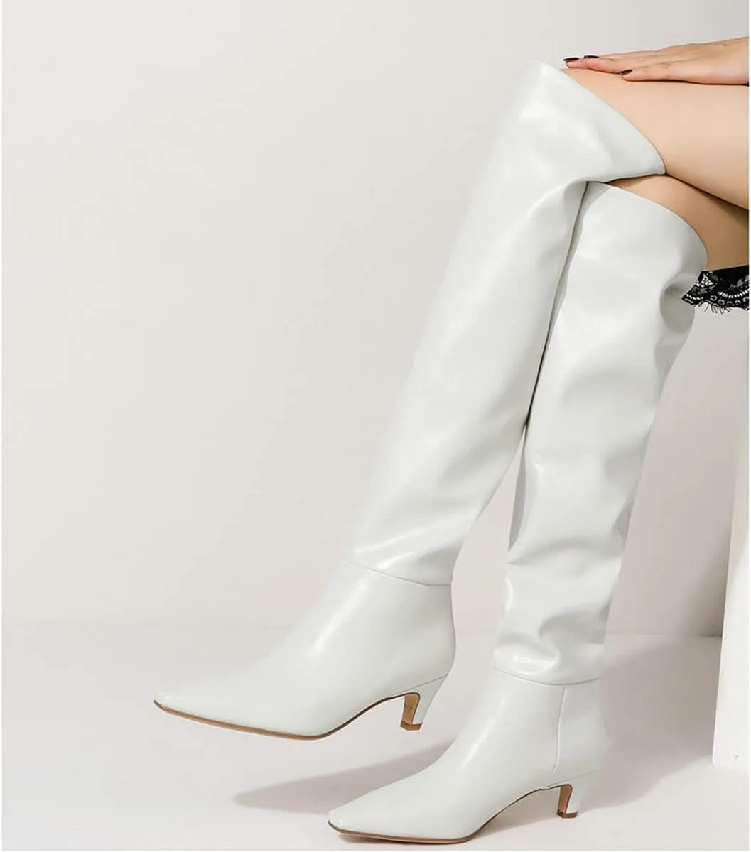 Lutalica W Women's Stylish Square Toe Slip On Autumn Winter Wide Calf Comfort Slouch Low Kitten Heel Dress Over The Knee High Boots