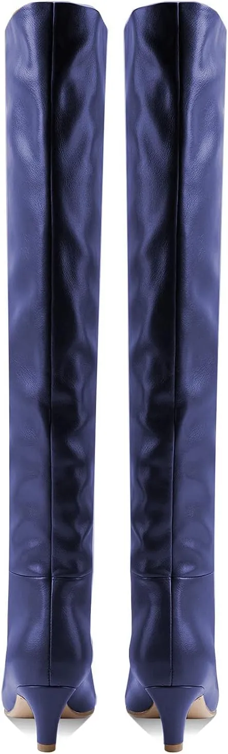 Lutalica W Women's Stylish Square Toe Slip On Autumn Winter Wide Calf Comfort Slouch Low Kitten Heel Dress Over The Knee High Boots