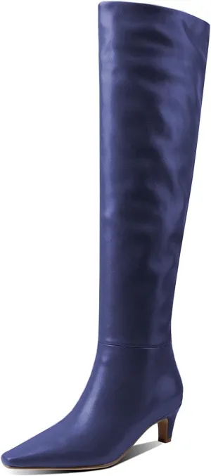 Lutalica W Women's Stylish Square Toe Slip On Autumn Winter Wide Calf Comfort Slouch Low Kitten Heel Dress Over The Knee High Boots