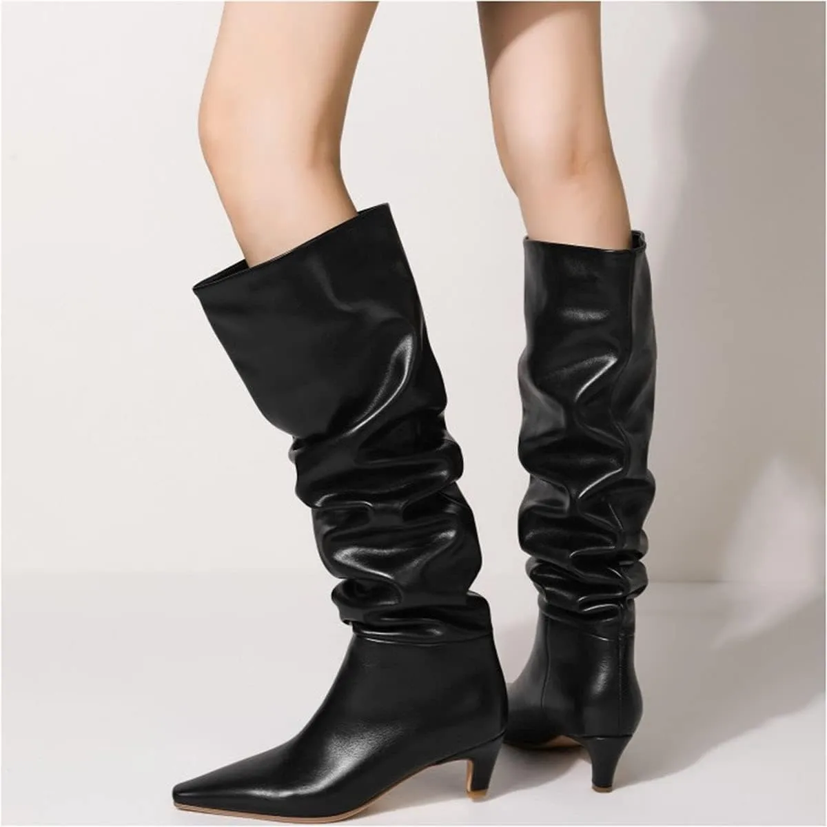 Lutalica W Women's Stylish Square Toe Slip On Autumn Winter Wide Calf Comfort Slouch Low Kitten Heel Dress Over The Knee High Boots