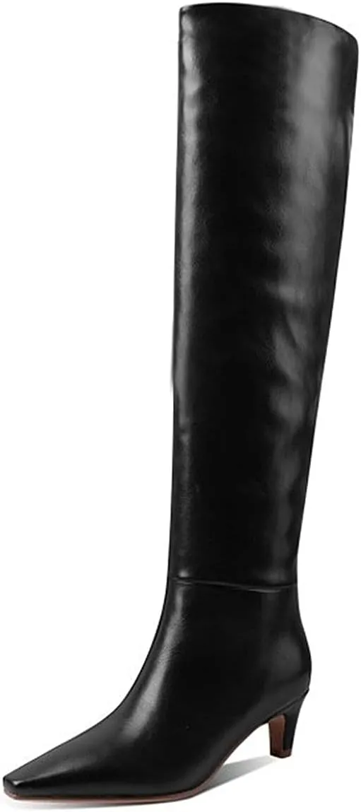 Lutalica W Women's Stylish Square Toe Slip On Autumn Winter Wide Calf Comfort Slouch Low Kitten Heel Dress Over The Knee High Boots