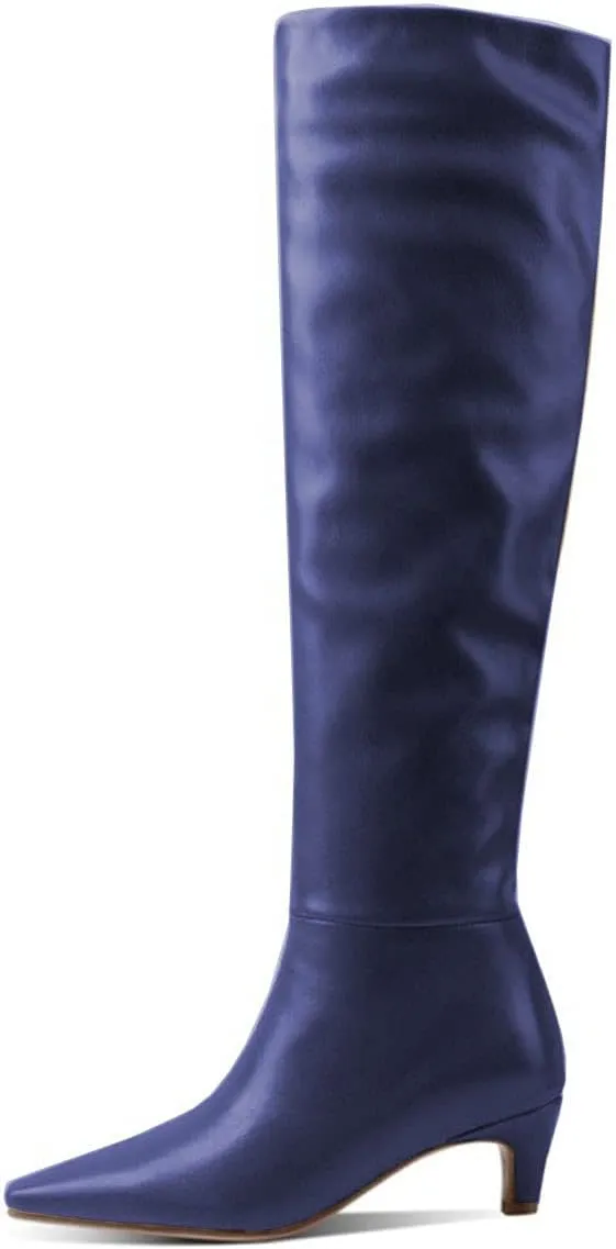 Lutalica W Women's Stylish Square Toe Slip On Autumn Winter Wide Calf Comfort Slouch Low Kitten Heel Dress Over The Knee High Boots