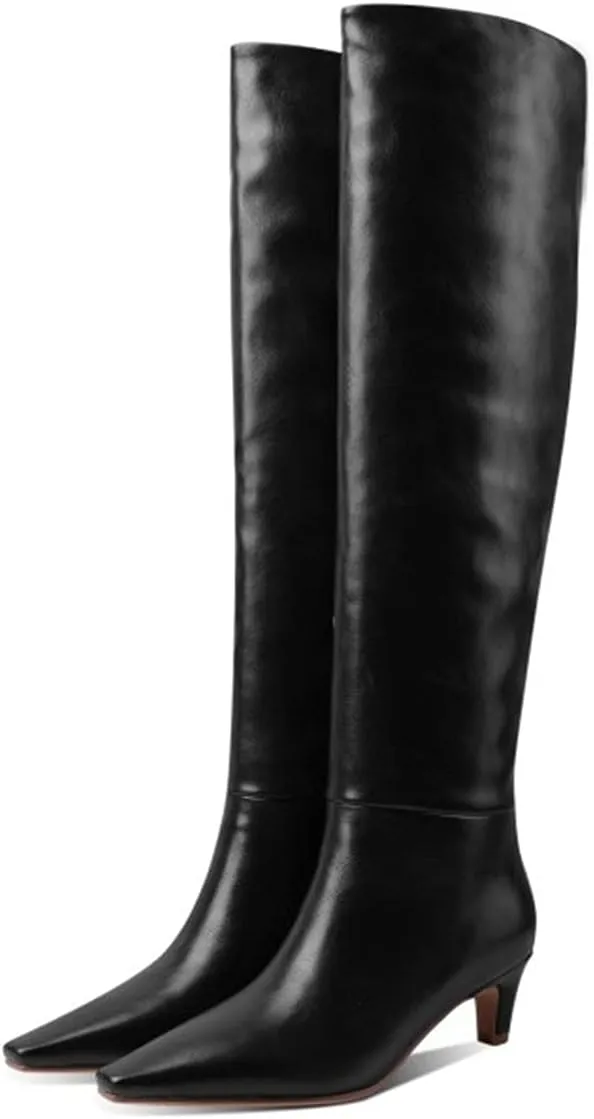 Lutalica W Women's Stylish Square Toe Slip On Autumn Winter Wide Calf Comfort Slouch Low Kitten Heel Dress Over The Knee High Boots